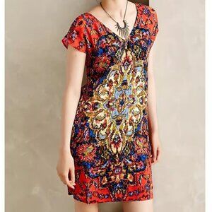Anthropologie Maeve Medallion Shift Print Sheath Dress Boho Vibrant Bright Sz Sm
